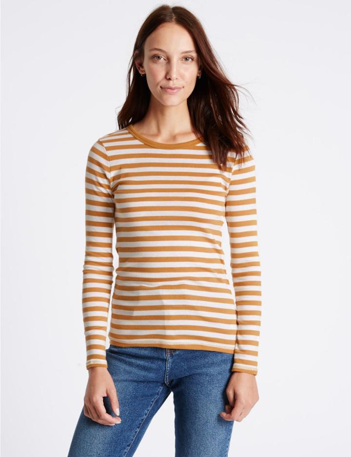 Marks & Spencer Pure Cotton Striped Long Sleeve T-shirt Antique Brass