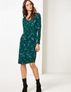 Marks & Spencer Floral Print Long Sleeve Wrap Midi Dress Green Mix