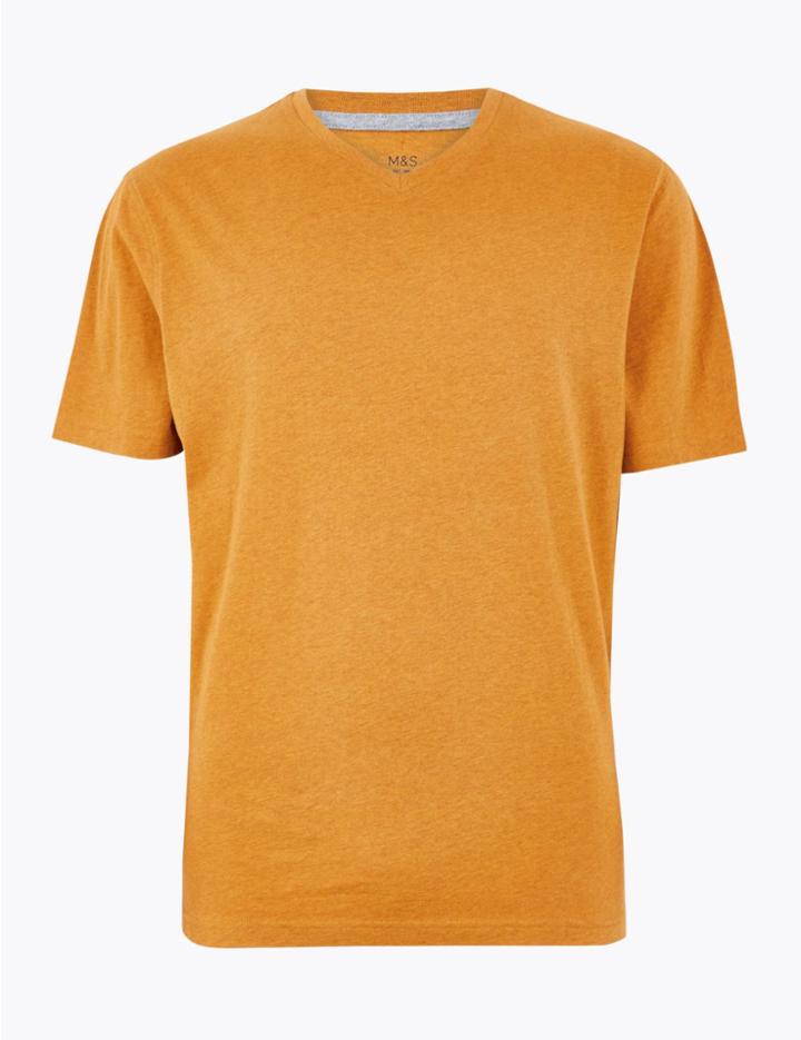 Marks & Spencer Pure Cotton V-neck T-shirt Ochre