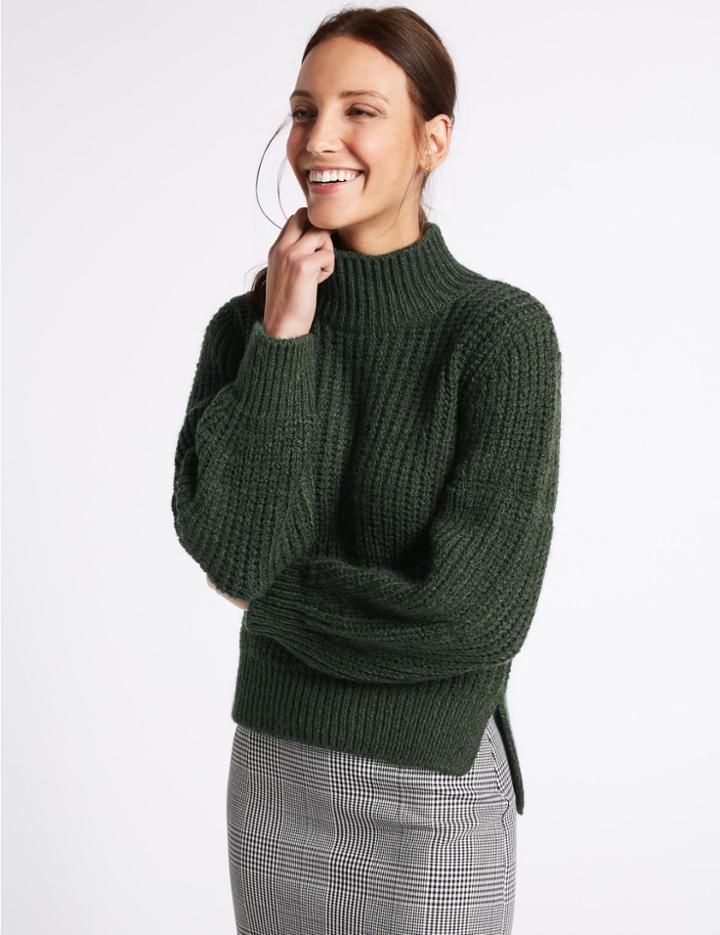 Marks & Spencer Ribbed Funnel Neck Jumper Forest Green