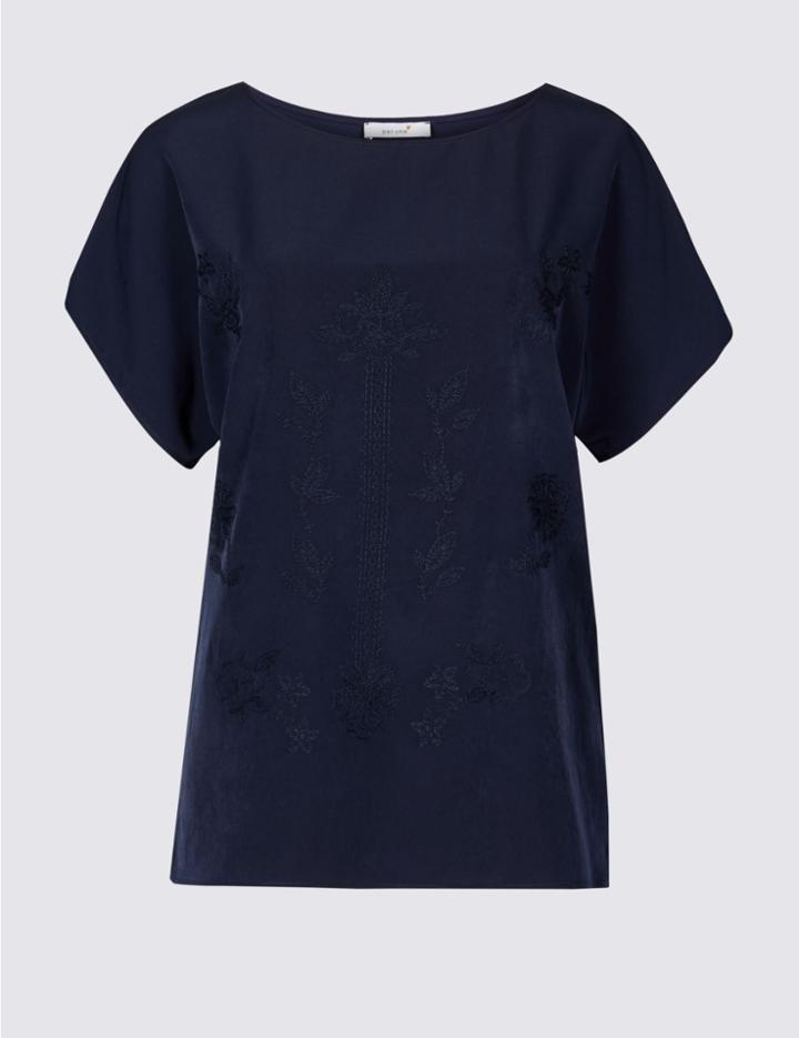 Marks & Spencer Embroidered Round Neck Short Sleeve T-shirt Navy