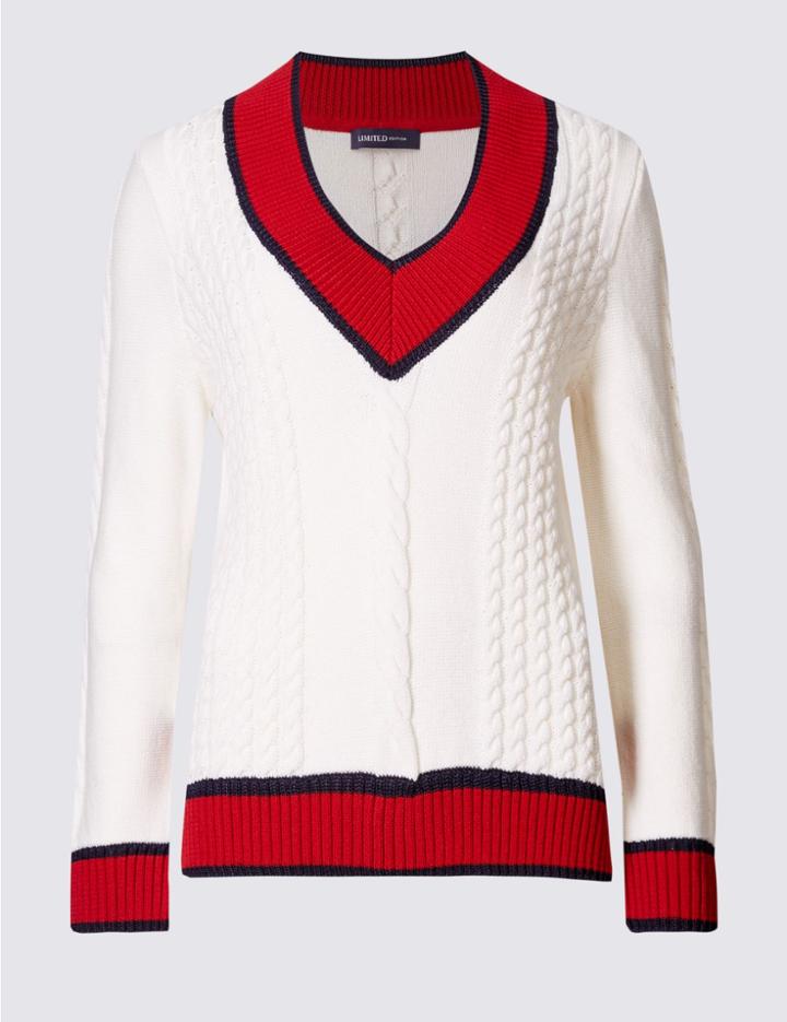 Marks & Spencer Cable Knit V-neck Jumper Ivory Mix
