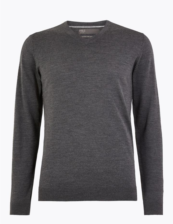 Marks & Spencer Pure Merino Wool V-neck Jumper Dark Grey