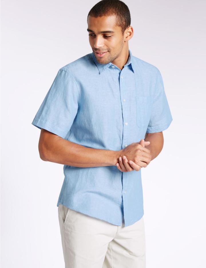 Marks & Spencer Linen Rich Slim Fit Shirt With Pocket Blue