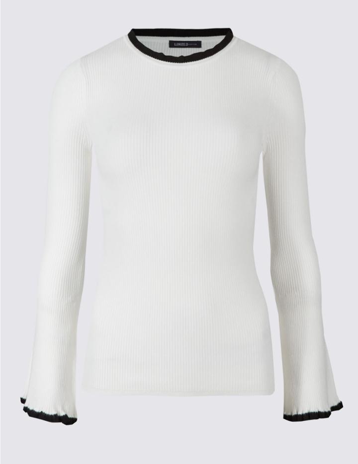 Marks & Spencer Ribbed Contrasting Edge Round Neck Jumper Ivory Mix