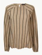 Marks & Spencer Striped Round Neck Long Sleeve Blouse Neutral