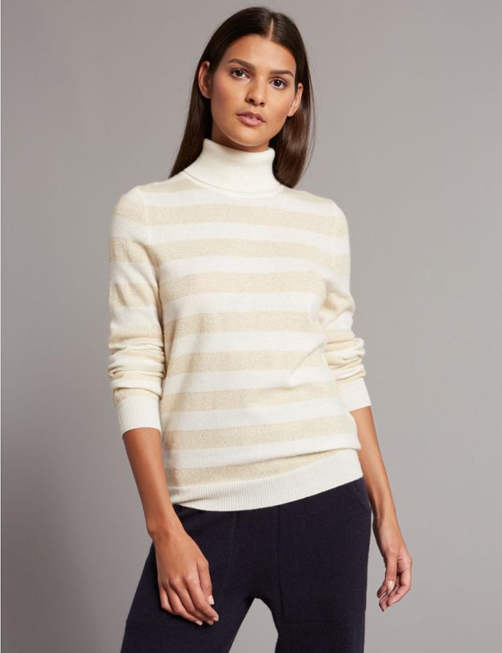 Marks & Spencer Cashmere Rich Striped Roll Neck Jumper Cream Mix