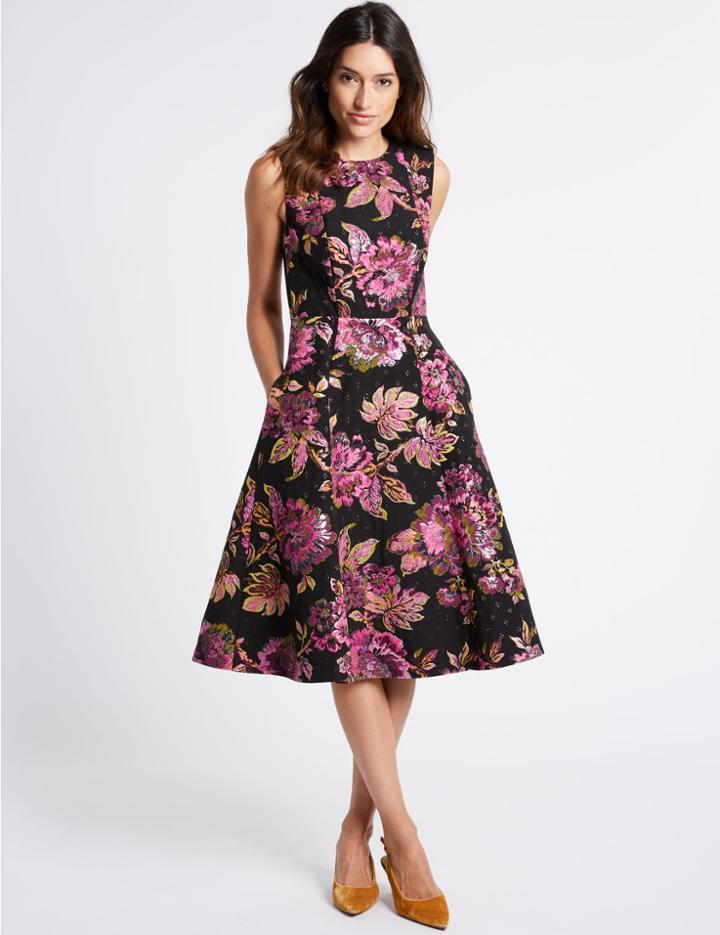 Marks & Spencer Floral Print Prom Skater Midi Dress Black Mix
