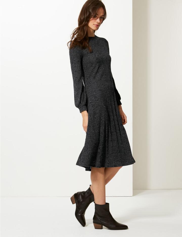 Marks & Spencer Jersey Long Sleeve Swing Midi Dress Grey Marl