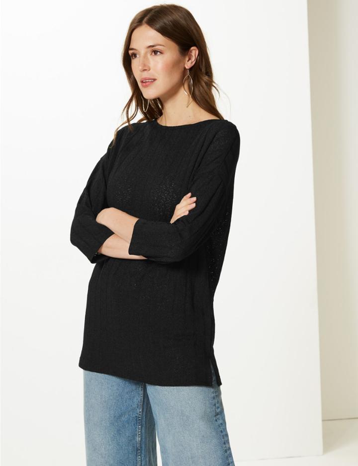 Marks & Spencer Ribbed Slash Neck Open Knit 3/4 Sleeve Tunic Black