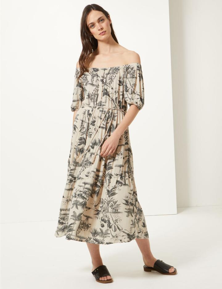 Marks & Spencer Printed Short Sleeve Waisted Midi Dress Ivory Mix