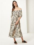 Marks & Spencer Printed Short Sleeve Waisted Midi Dress Ivory Mix