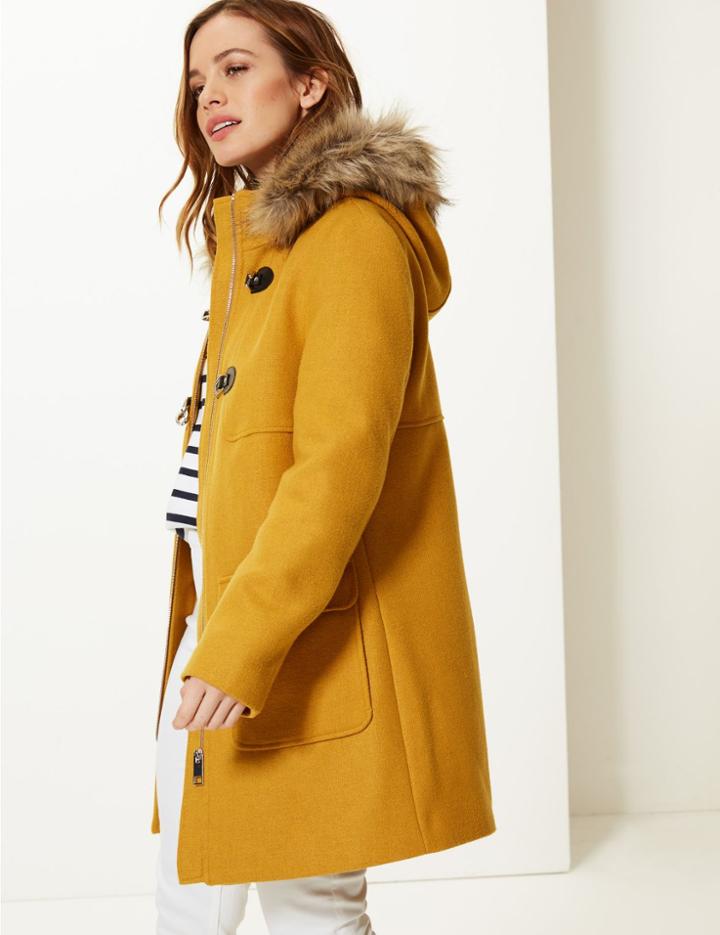 Marks & Spencer Petite Faux Fur Duffle Coat Ochre