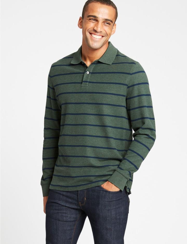 Marks & Spencer Pure Cotton Striped Polo Shirt Khaki Marl