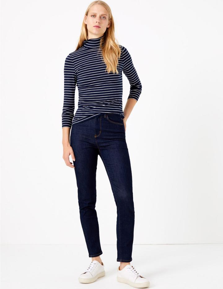 Marks & Spencer Striped Polo Neck Navy Mix