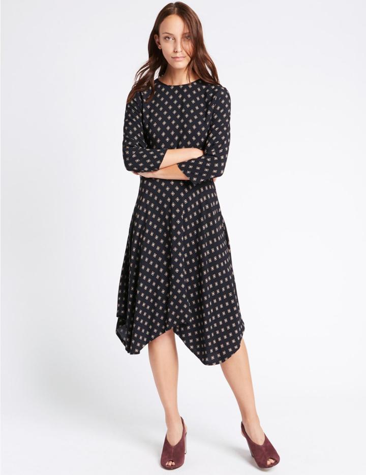 Marks & Spencer Tile Print 3/4 Sleeve Skater Midi Dress Rust Mix