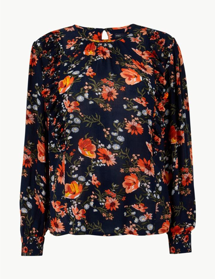 Marks & Spencer Floral Print Blouson Sleeve Blouse Navy Mix