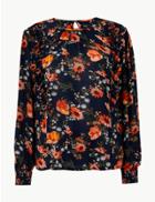 Marks & Spencer Floral Print Blouson Sleeve Blouse Navy Mix