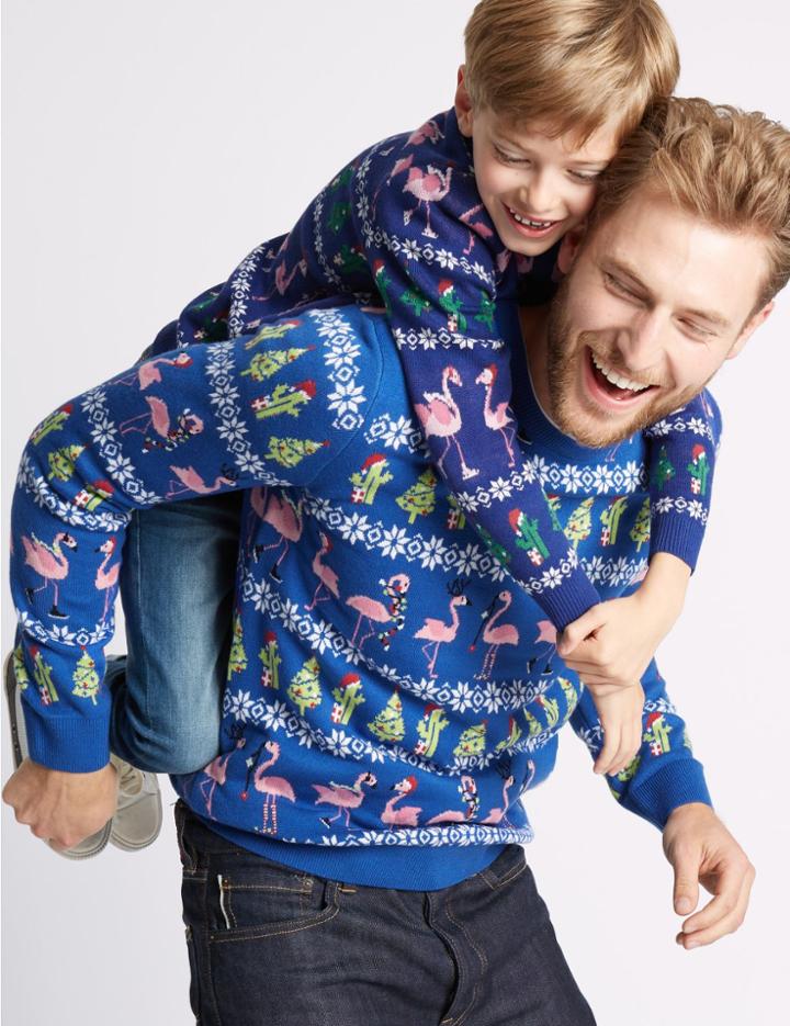 Marks & Spencer Flamingo Christmas Jumper Blue Mix