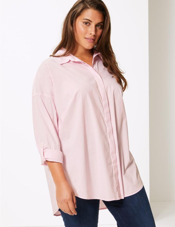 Marks & Spencer Curve Cotton Rich Striped Long Sleeve Shirt Pale Pink Mix