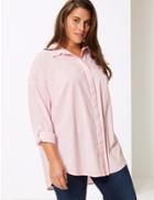 Marks & Spencer Curve Cotton Rich Striped Long Sleeve Shirt Pale Pink Mix