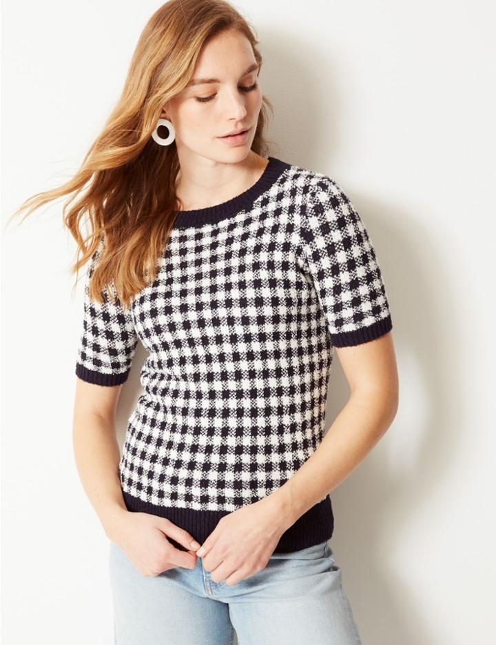 Marks & Spencer Textured Round Neck Short Sleeve Jumper Navy Mix