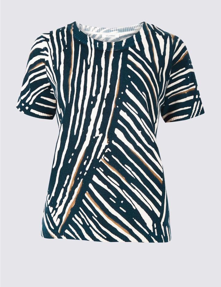 Marks & Spencer Printed Round Neck Short Sleeve Jumper Navy Mix