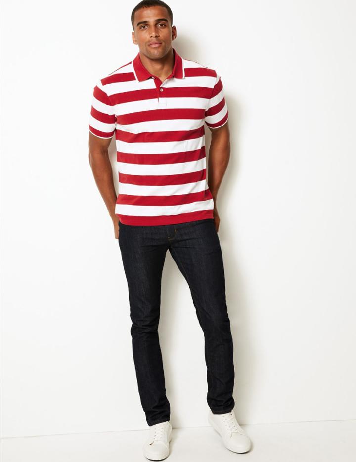 Marks & Spencer Cotton Striped Polo Red Mix
