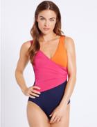 Marks & Spencer Secret Slimming&trade; Colour Block Wrap Over Swimsuit Pink Mix