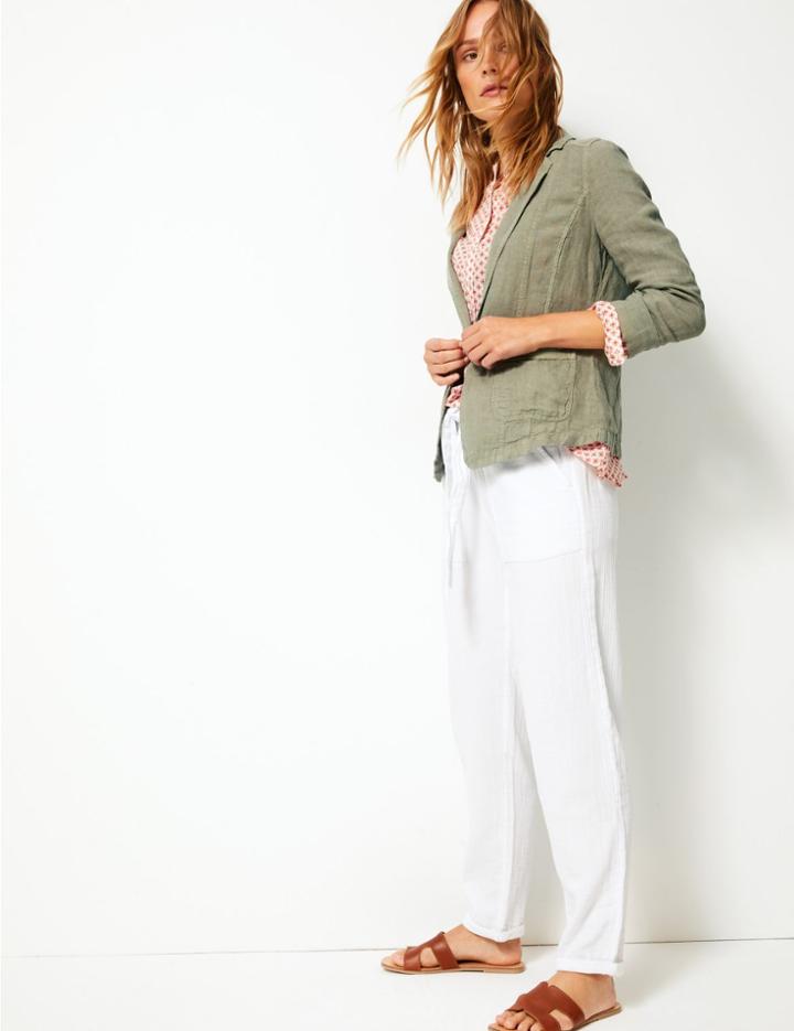 Marks & Spencer Pure Linen Single Breasted Short Jacket Dark Almond