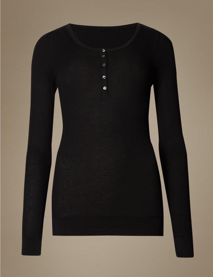 Marks & Spencer Ribbed Placket Thermal Long Sleeve Top Black Mix