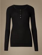 Marks & Spencer Ribbed Placket Thermal Long Sleeve Top Black Mix