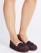 Marks & Spencer Leather Laser Cut Moccasin Slippers Berry