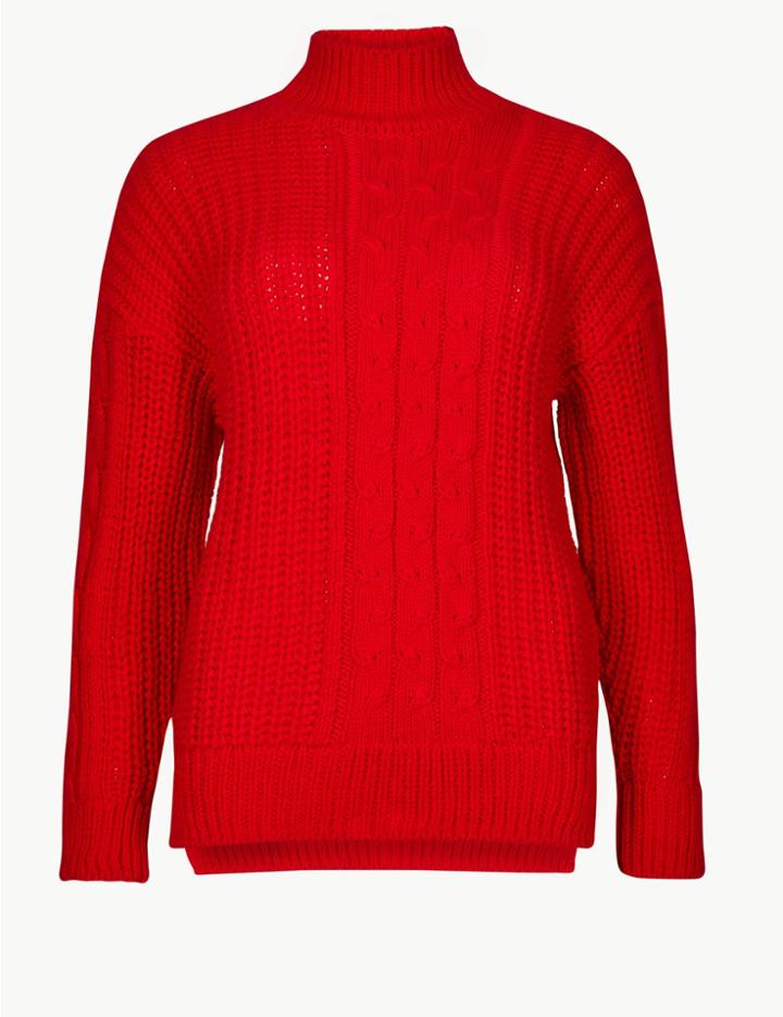Marks & Spencer Cable Knit Turtle Neck Jumper Bright Red