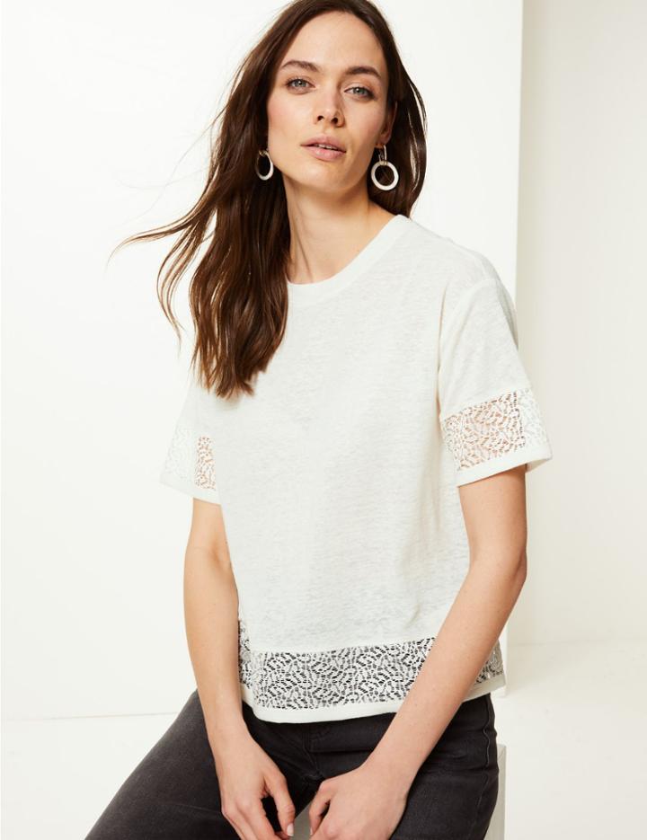 Marks & Spencer Lace Hem Round Neck Short Sleeve T-shirt Ivory
