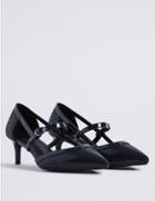 Marks & Spencer Wide Fit Kitten Heel Strap Court Shoes Navy Mix