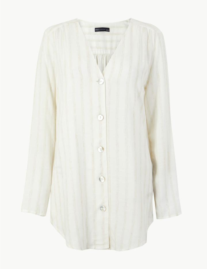 Marks & Spencer Striped Button Detailed Longline Tunic Ivory