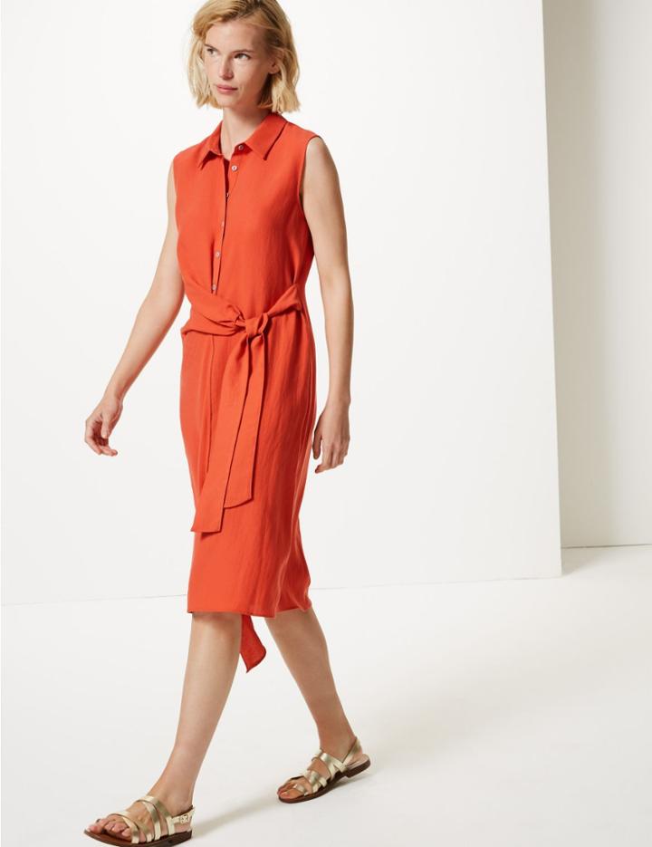 Marks & Spencer Button Detailed Shirt Midi Dress Burnt Orange
