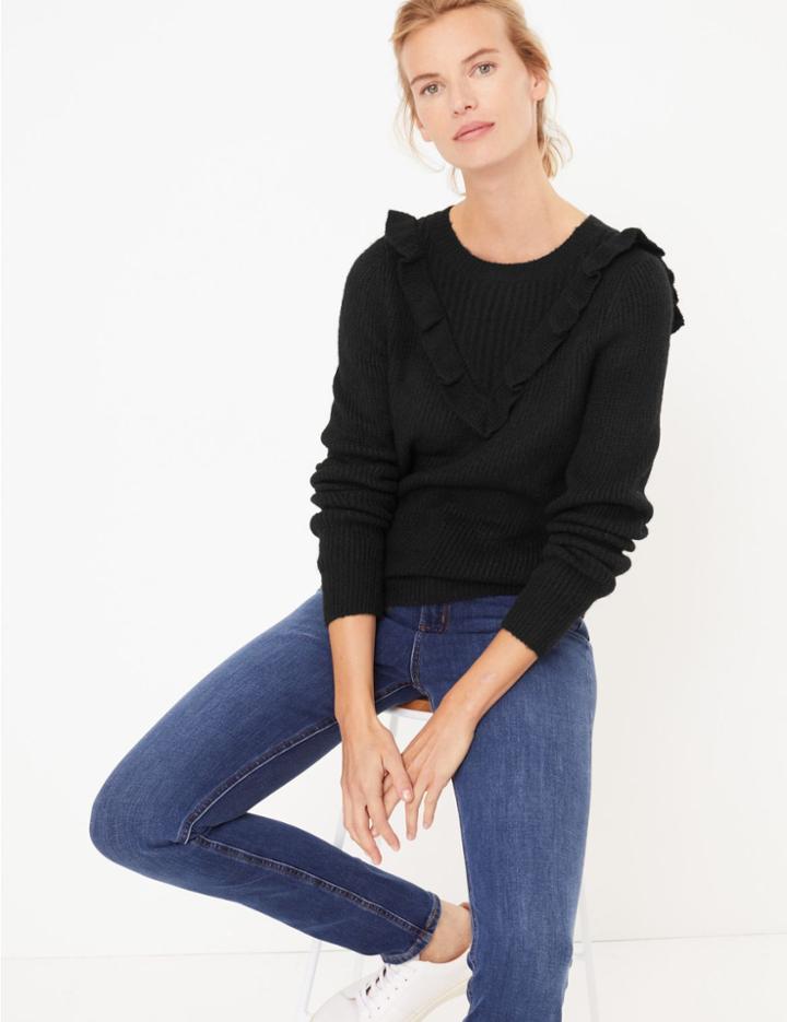 Marks & Spencer Textured Frill Detail Long Sleeve Jumper Black