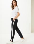 Marks & Spencer Side Stripe Straight Leg Trousers With Linen Navy Mix