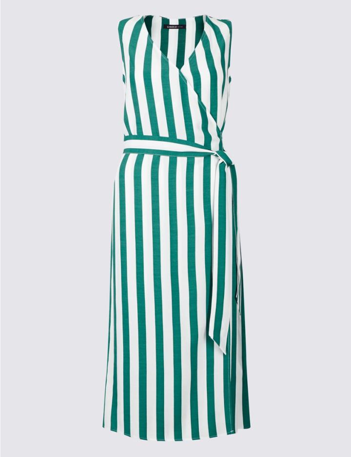 Marks & Spencer Striped Wrap Midi Dress With Belt Emerald