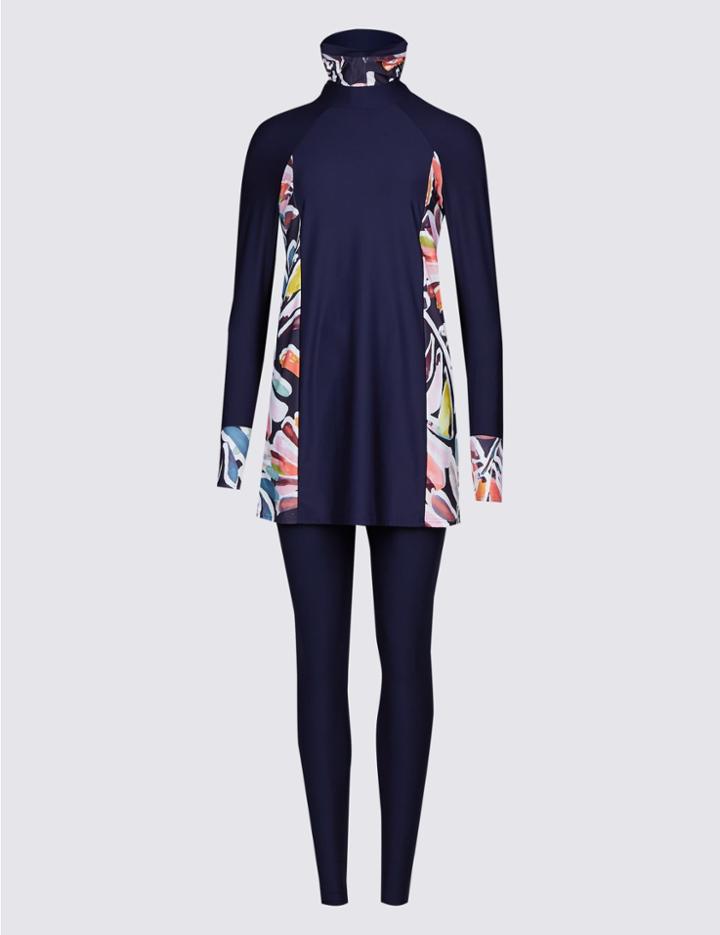 Marks & Spencer Floral Print 3 Piece Swimsuit Navy Mix