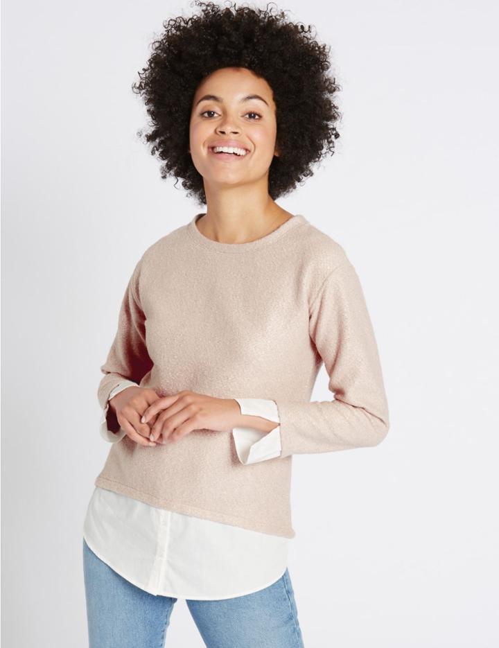 Marks & Spencer Boucle Foil Mock Hem Long Sleeve T-shirt Blush