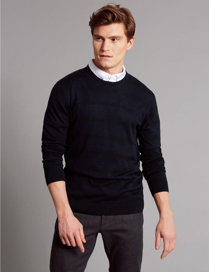 Marks & Spencer Cotton Silk Striped Slim Fit Jumper Navy Mix