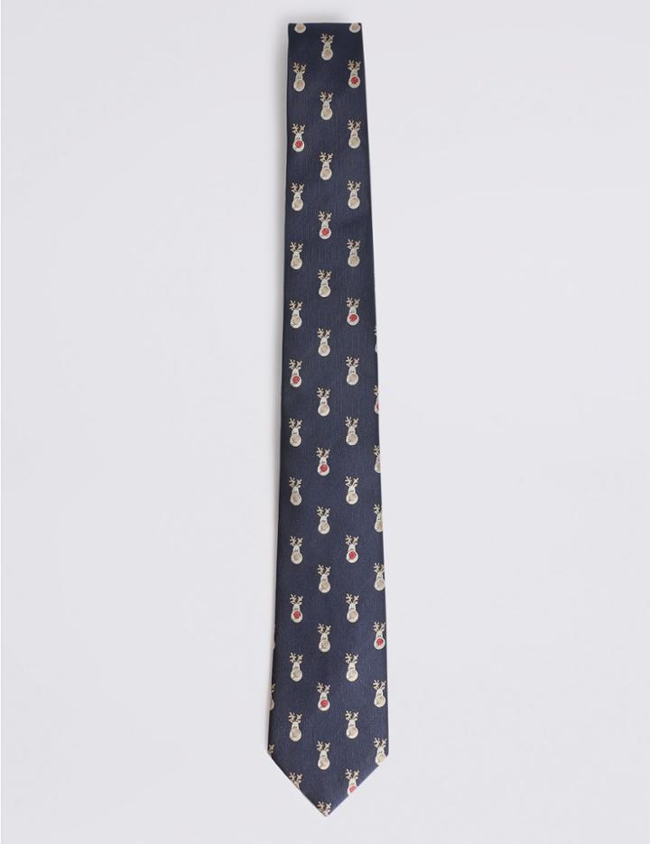 Marks & Spencer Red Nose Reindeer Christmas Tie Navy Mix