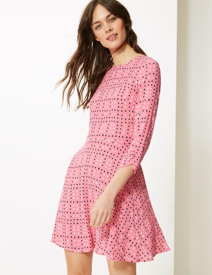 Marks & Spencer Spotted 3/4 Sleeve Fit & Flare Mini Dress Pink Mix