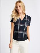 Marks & Spencer Checked V-neck Short Sleeve Top Navy Mix