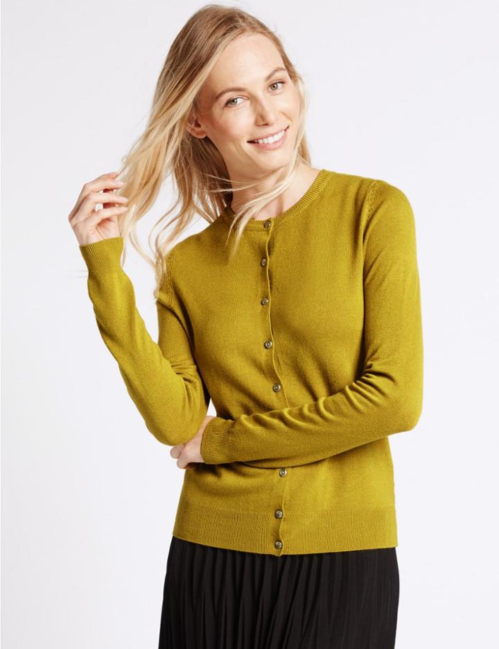 Marks & Spencer Ribbed Round Neck Cardigan Antique Brass