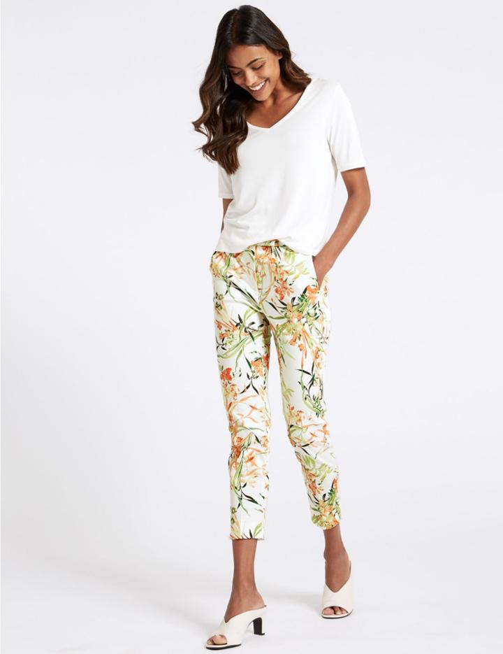 Marks & Spencer Cotton Rich Floral Print Trousers Ivory Mix