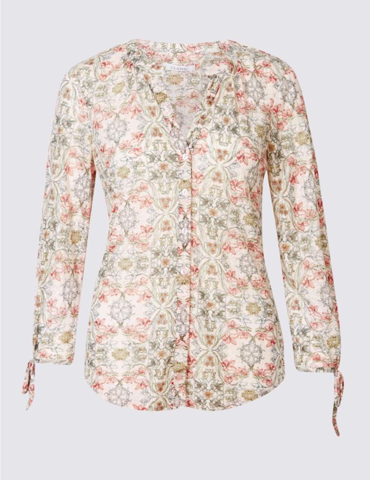 Marks & Spencer Cotton Blend Floral Print Jersey Top Pale Pink Mix